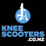 Knee Scooters logo with a white figure on a knee scooter inside a blue circle above blue text reading “KNEE SCOOTERS .CO.NZ” on a black background.