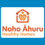 Noho Āhuru Healthy Homes logo with an orange house outline containing a heart and person symbol above the words “Noho Āhuru Healthy Homes” on a white background.