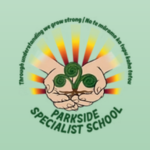 Parkside Specialist School logo with a green spiral at the centre of two cupped hands, backed by yellow and orange sun rays, with green circular text around it reading “PARKSIDE SPECIALIST SCHOOL.”