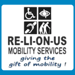 Re-Li-On-Us Mobility Services logo with four disability-access icons above bold black text reading “RE-LI-ON-US MOBILITY SERVICES,” with smaller script text saying “giving the gift of mobility!” on a white background.