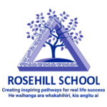 Rosehill School logo with a stylised blue tree inside a purple triangular frame above the words “ROSEHILL SCHOOL,” with the tagline “Creating inspiring pathways for real life success” on a pale background.