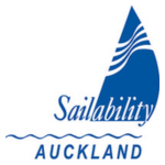Sailability Auckland logo with a blue sail shape featuring white wave lines above the words “Sailability Auckland” in blue on a white background.