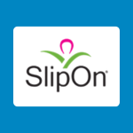 SlipOn logo with black and pink text reading “SlipOn” and a pink loop and green leaf-like shapes above on a white background.
