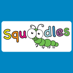 Squoodles logo with playful multicoloured text reading “Squoodles” and a smiling green caterpillar underneath on a white background.