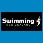 Swimming New Zealand logo with white text and a stylised white swimmer figure on a black background.