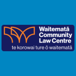 Waitematā Community Law Centre logo with orange linework forming three abstract leaf or wing shapes beside white text reading “Waitematā Community Law Centre” and smaller text underneath reading “te korowai ture o waitematā” on a dark blue background.