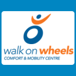 Walk on Wheels logo with an orange and blue abstract person above blue and orange text reading “walk on wheels” and smaller blue text reading “COMFORT & MOBILITY CENTRE” on a white background.