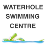 Waterhole Swimming Centre logo with stacked grey text above an illustration of a swimming green crocodile in blue water.