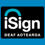 iSign Deaf Aotearoa logo with a blue curved arch above white text reading “iSign” and smaller white text reading “DEAF AOTEAROA” on a black background.