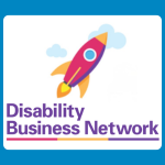Disability Business Network logo with bold purple lettering beneath a colourful pink, purple and yellow rocket flying upward through pale blue clouds on a white background.