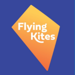 Flying Kites logo with white lettering inside an angular orange-and-yellow kite shape on a deep blue background.