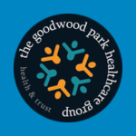 The Goodwood Park Healthcare Group logo, featuring a circle of colourful stylised people in teal, blue and orange, surrounded by the organisation’s name in white on a black circular background.