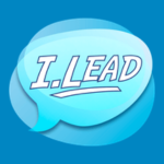 Light blue speech-bubble style logo with “I.LEAD” written in large bold white letters, outlined in dark blue, with a dark swoosh underline.