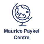 Maurice Paykel Centre logo, featuring a blue line drawing of a globe on a stand above the organisation’s name in blue, on a white background.