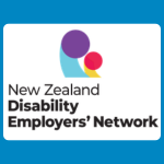 New Zealand Disability Employers’ Network logo, featuring an abstract emblem made from overlapping purple, teal, pink and yellow circular and curved shapes above the organisation’s name in black, on a white background.