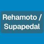 Rehamoto / Supapedal logo, with the two names in large white lettering separated by a forward slash, on a muted blue background.
