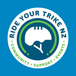 Ride Your Trike NZ logo, featuring a white safety helmet inside concentric blue and green circles, surrounded by the words “Ride Your Trike NZ” and “Community • Support • Events”.