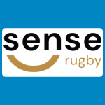 Sense Rugby logo, featuring the word “sense” in large black lowercase letters above a gold curved arc, with “rugby” in smaller gold lettering on a white background.
