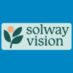 Solway Vision logo, featuring a stylised plant with dark green leaves and a peach-coloured circular bud beside the words “solway vision” in dark green serif lettering, on a pale mint background.