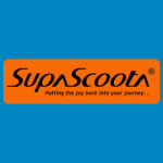 SupaScoota logo, featuring the name in stylised black script with the tagline “Putting the joy back into your journey...” underneath, on a bright orange background.