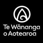 Te Wānanga o Aotearoa logo, featuring a white circular emblem enclosing a triangular koru design above the organisation’s name in white, on a black background.