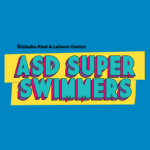ASD Super Swimmers logo on a bright yellow background, with small text reading “Ōtāhuhu Pool & Leisure Centre” above large playful multicoloured words “ASD Super Swimmers.”