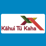 Kāhui Tū Kaha logo on a white background, with the words “Kāhui Tū Kaha” in dark red text and a diagonal woven-looking green, red, yellow, and black striped design extending upward to the right.