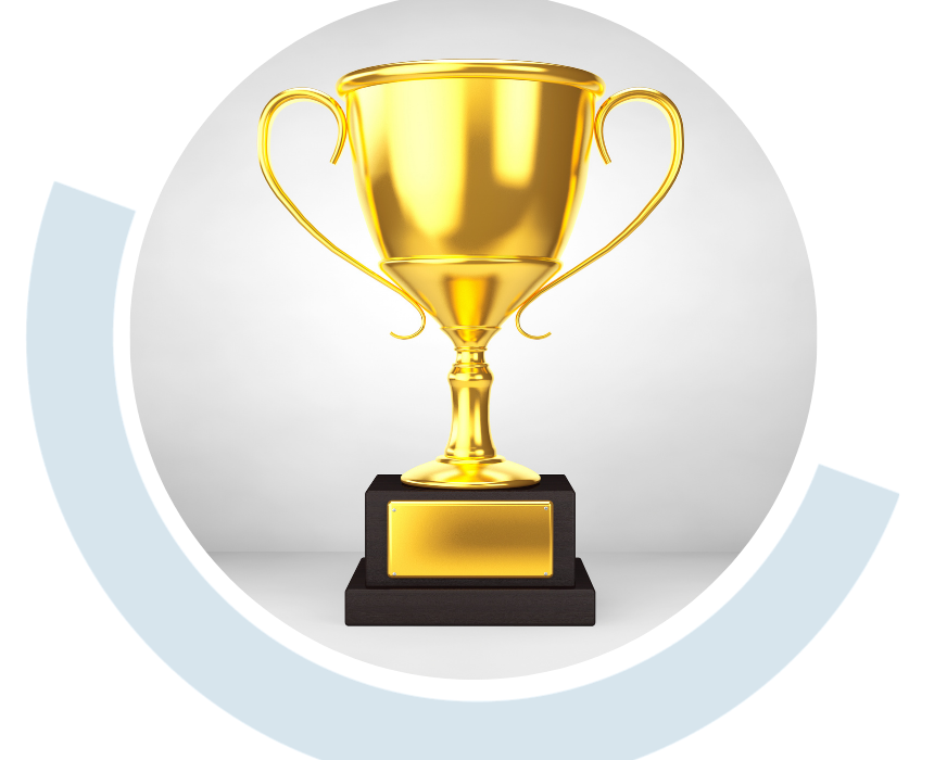 Website header graphic with a pale background and curved light blue accents, featuring a circular image of a shiny gold trophy on a dark base.