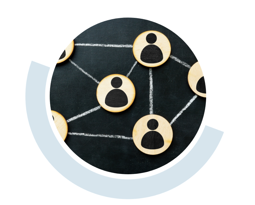 Website header graphic with a black background and curved pale blue and white accents, featuring a circular illustration of connected profile icons representing a network of people and organisations.